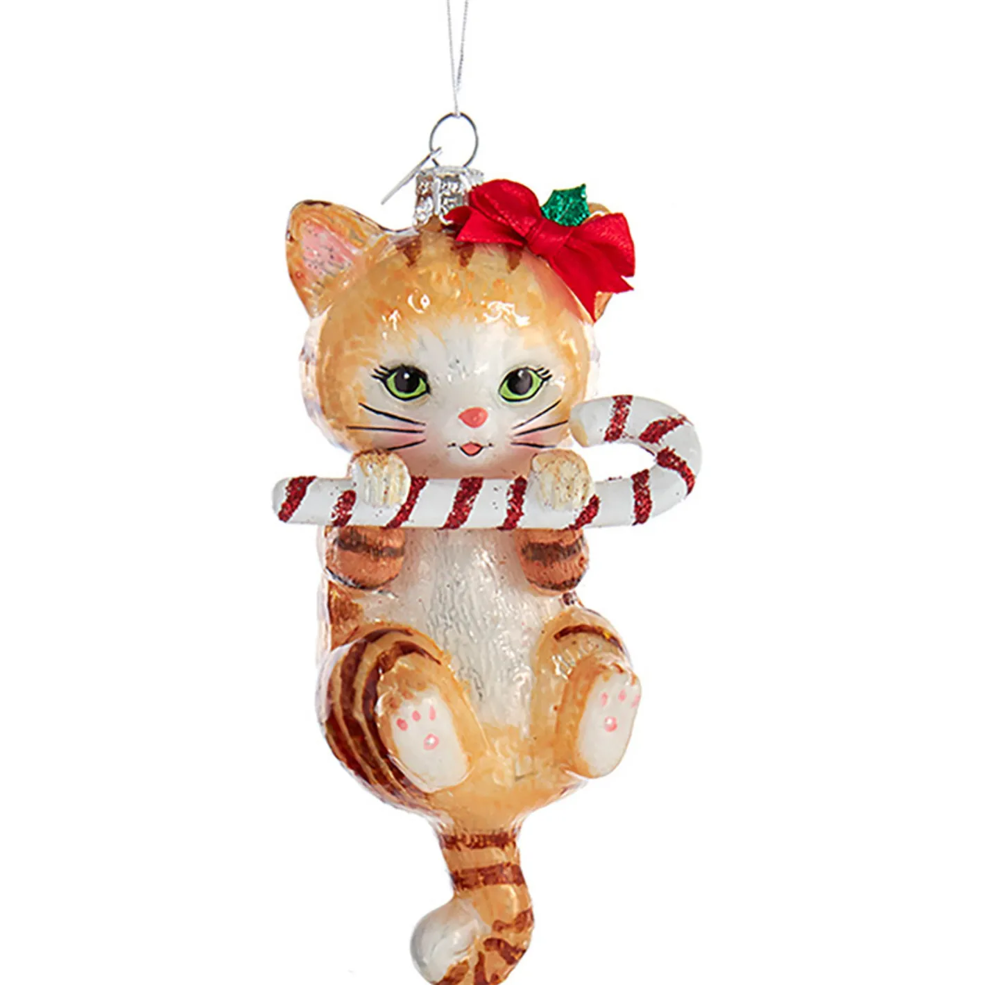 Kurt Adler 5" Noble Gems Cat With Candy Cane Glass Christmas Ornament NB1668