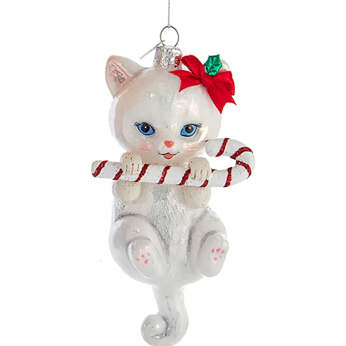 Kurt Adler 5" Noble Gems Cat With Candy Cane Glass Christmas Ornament NB1668