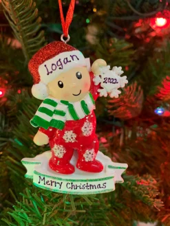 Polar X Baby In Red and Green Pajamas Holding Snowflake Personalized Christmas Ornament OR1920-RG Hot