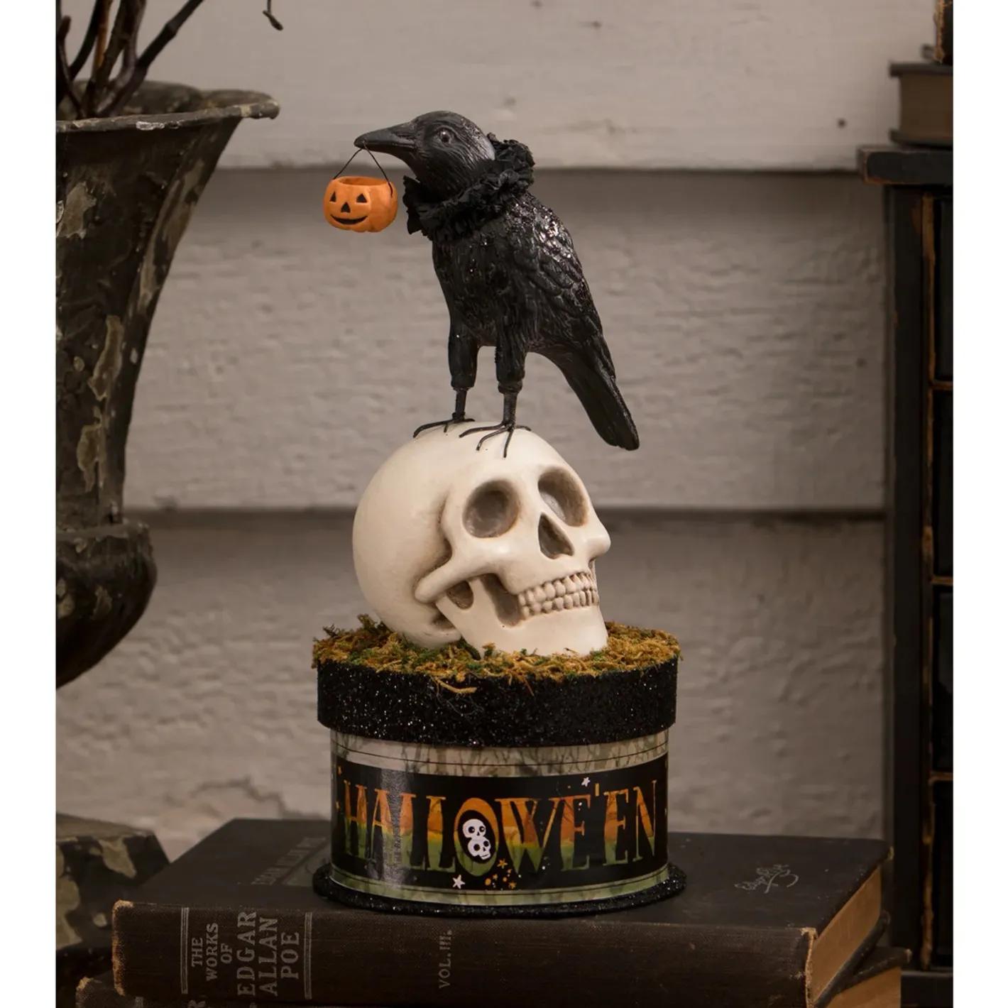 Bethany Lowe 9" Crow and Skull on Box Container Halloween Decoration TL3356 Outlet