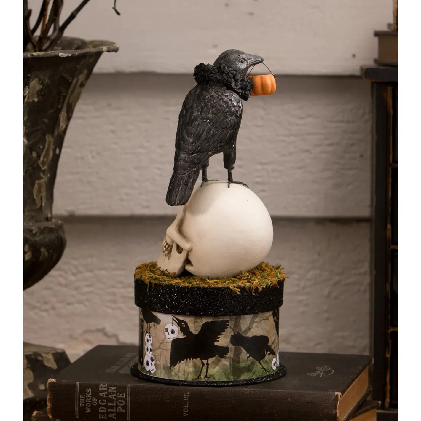 Bethany Lowe 9" Crow and Skull on Box Container Halloween Decoration TL3356 Outlet