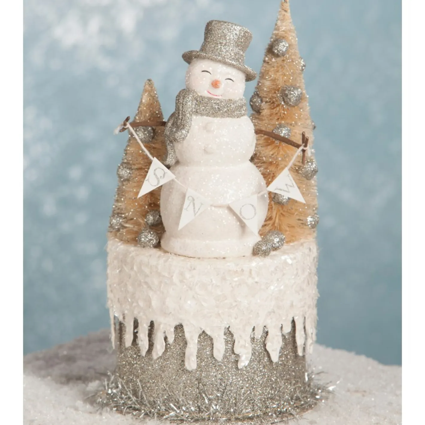 Bethany Lowe 8" Platinum Smiley Snowman on Box Christmas Decoration TL7825 Clearance