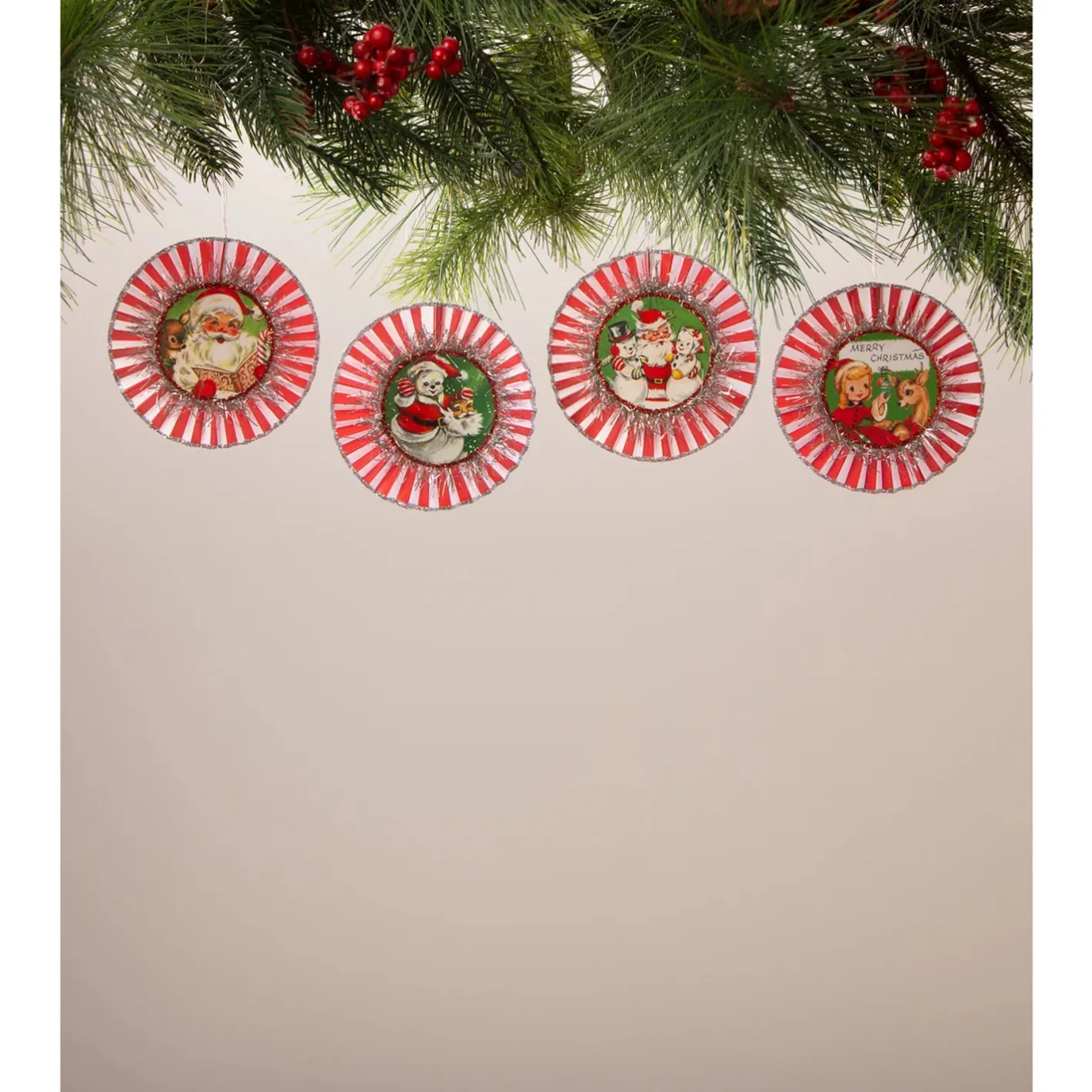 Bethany Lowe 3.5" Set of 4 Kitschmas Rosette Vintage Christmas Ornaments TL3366 Outlet