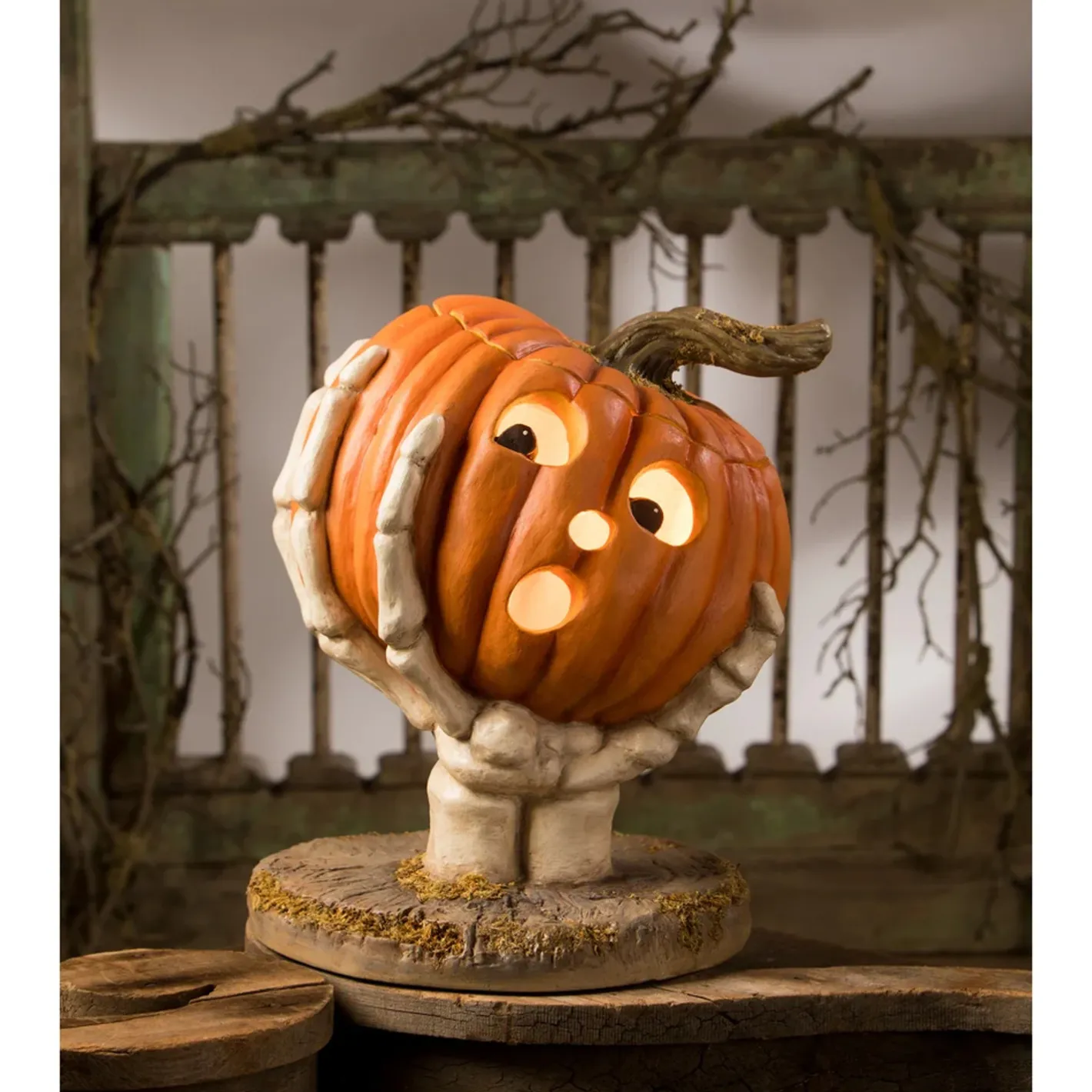 Bethany Lowe 12.25" Ut-Oh Gotcha Pumpkin With Skeleton Hand Halloween Decoration TD3143 New