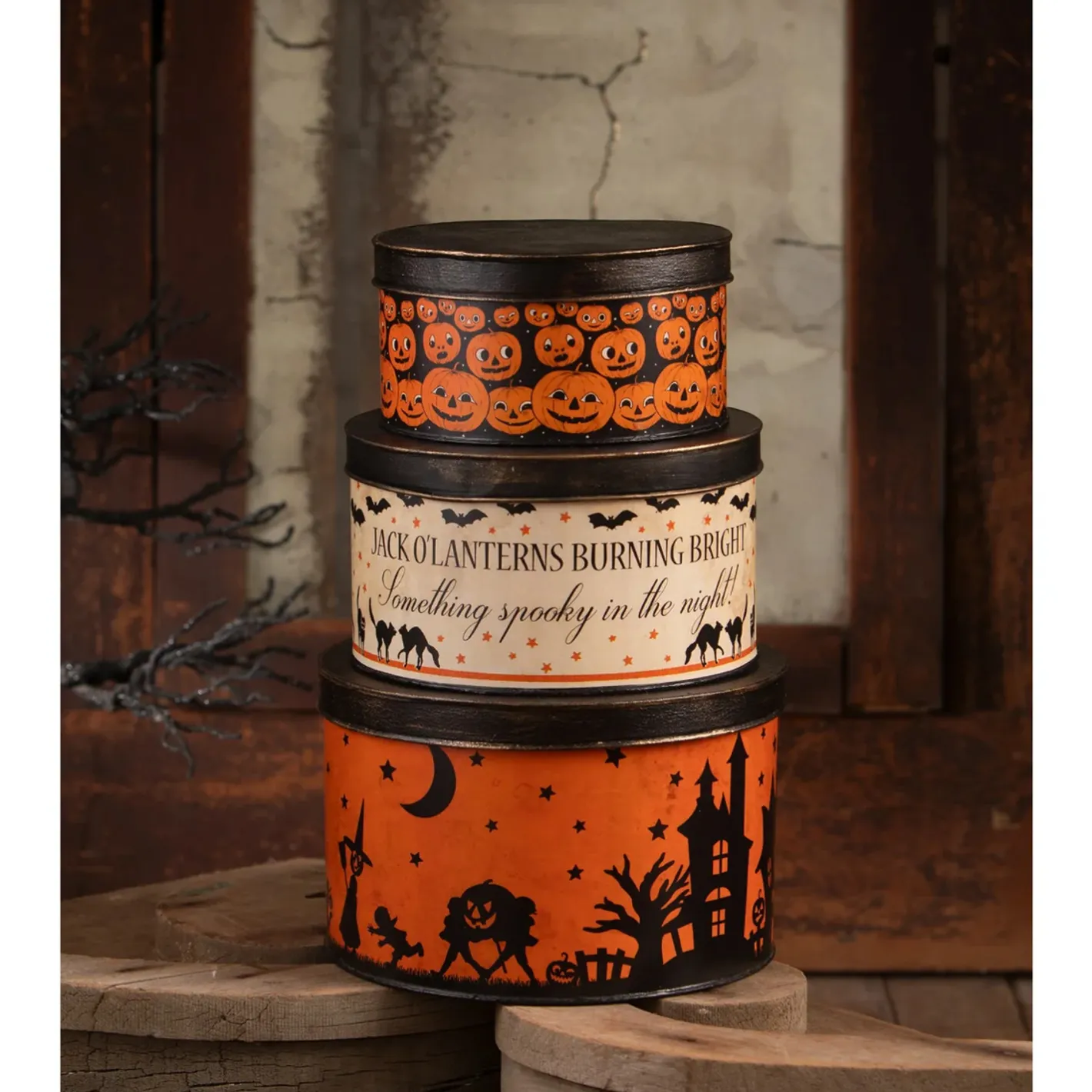 Bethany Lowe Vintage Halloween Stacked Tins Decoration TF4245