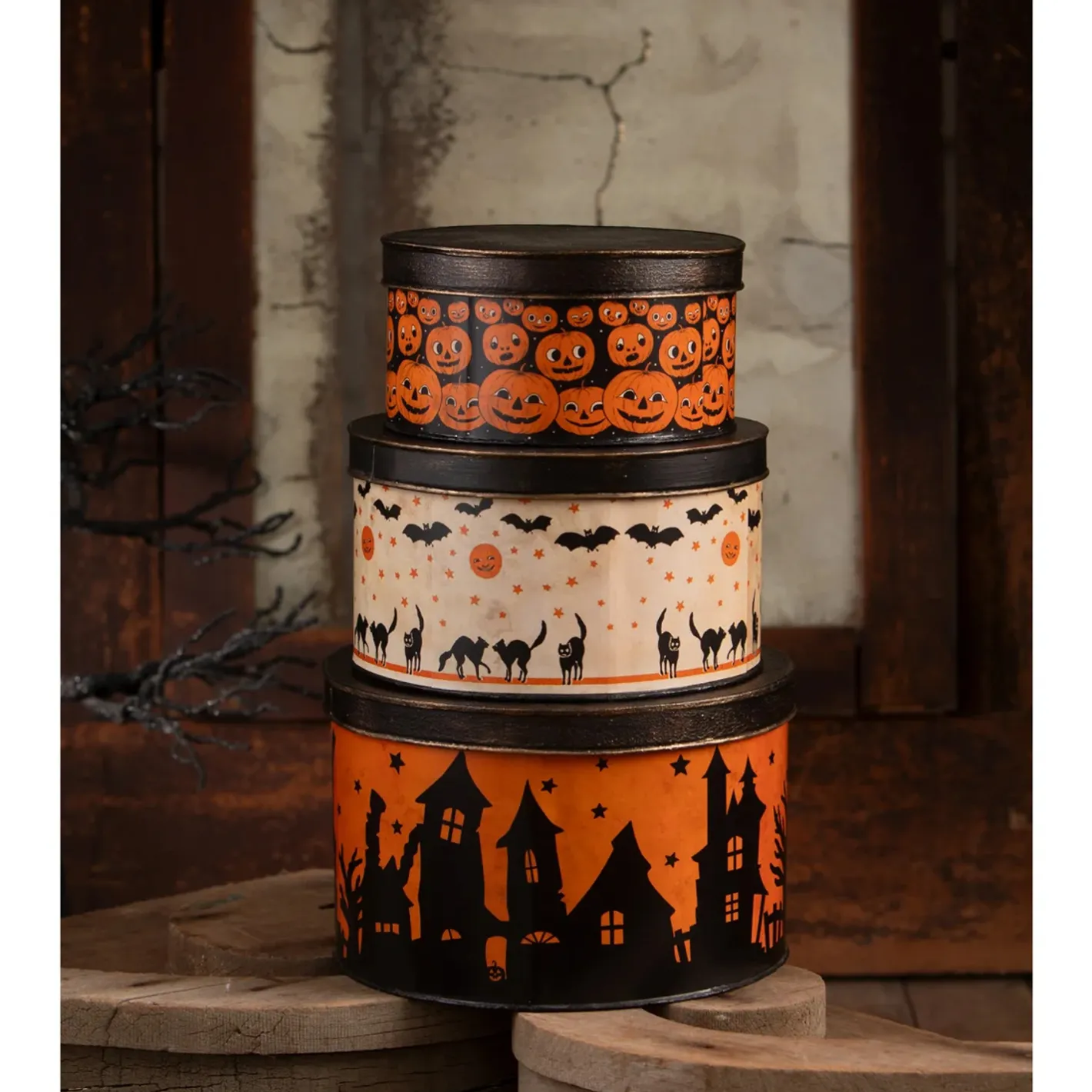 Bethany Lowe Vintage Halloween Stacked Tins Decoration TF4245
