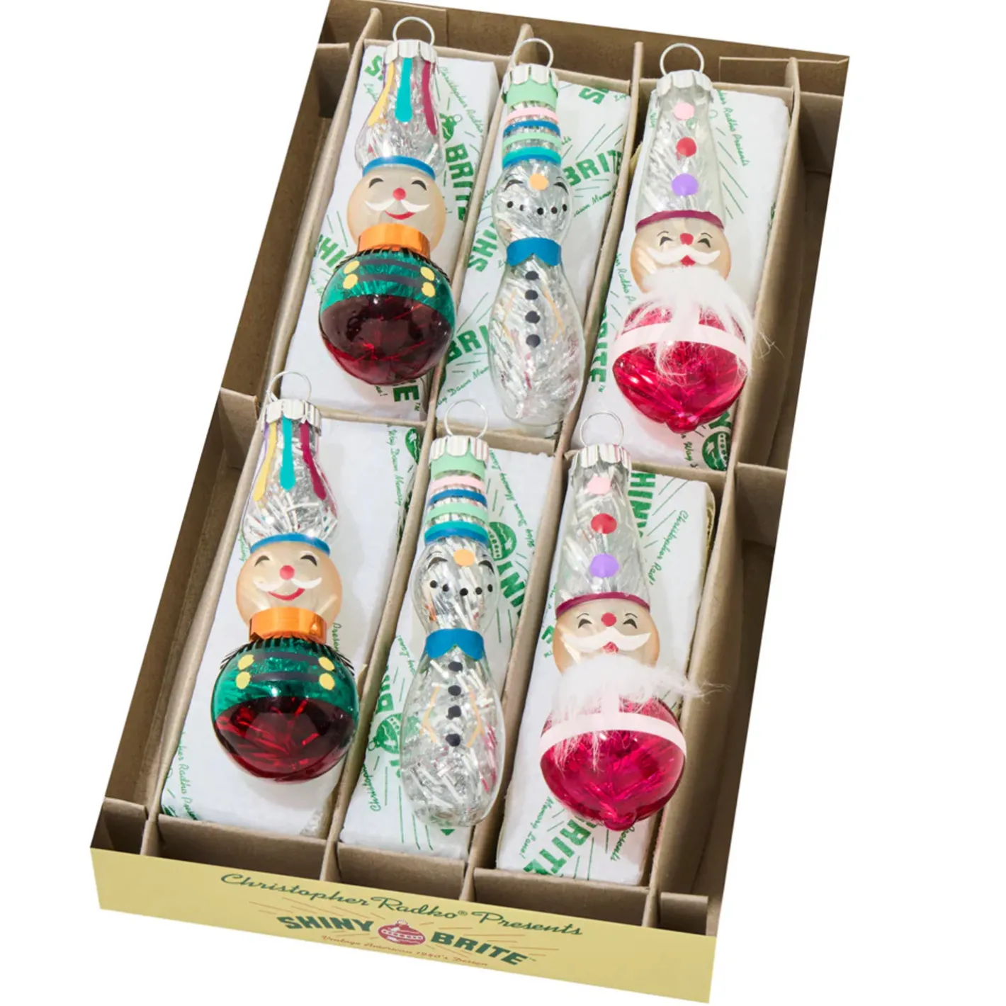 Shiny Brite Christopher Radko Vivid Vintage 6 Count 2.5" Decorated Figures Glass Christmas Ornament Set 4028283