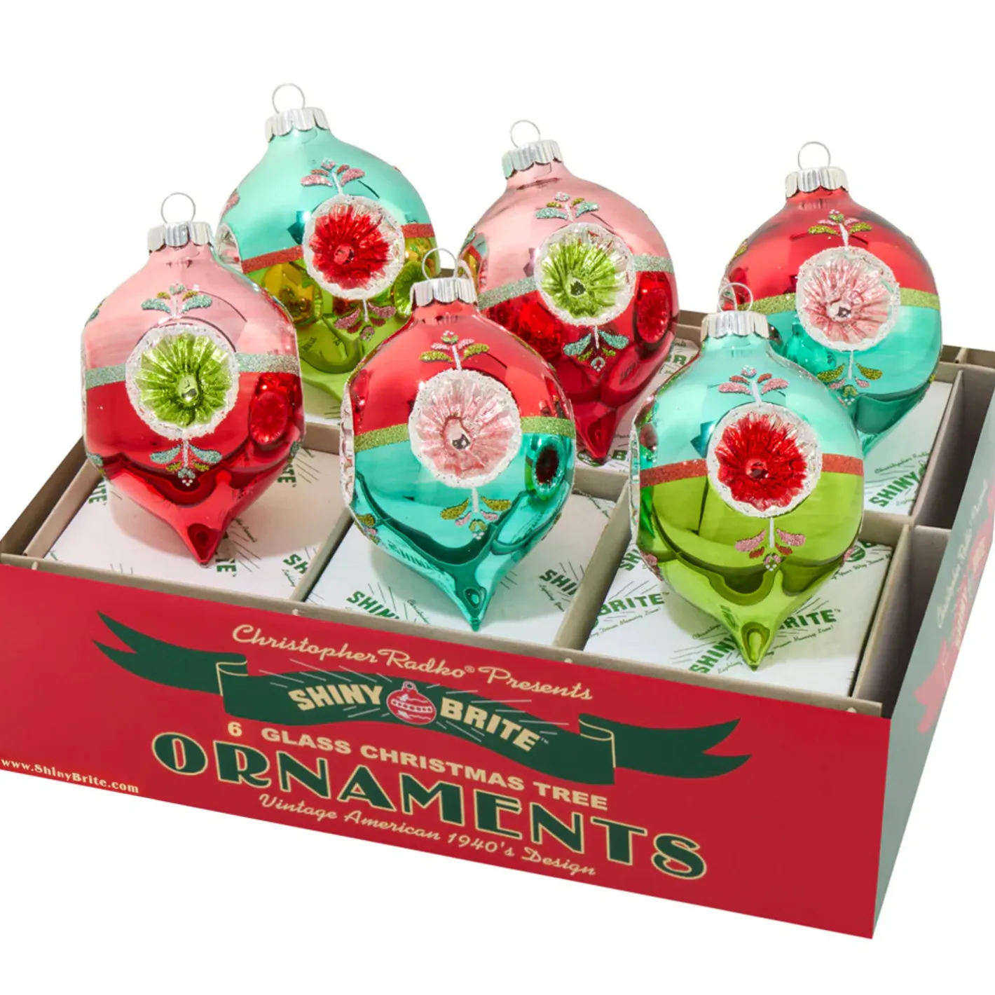 Shiny Brite Christopher Radko Festive Fete 6 Count 3.25" Decorated Reflector Tulips Glass Christmas Ornament Set 4028273 Hot