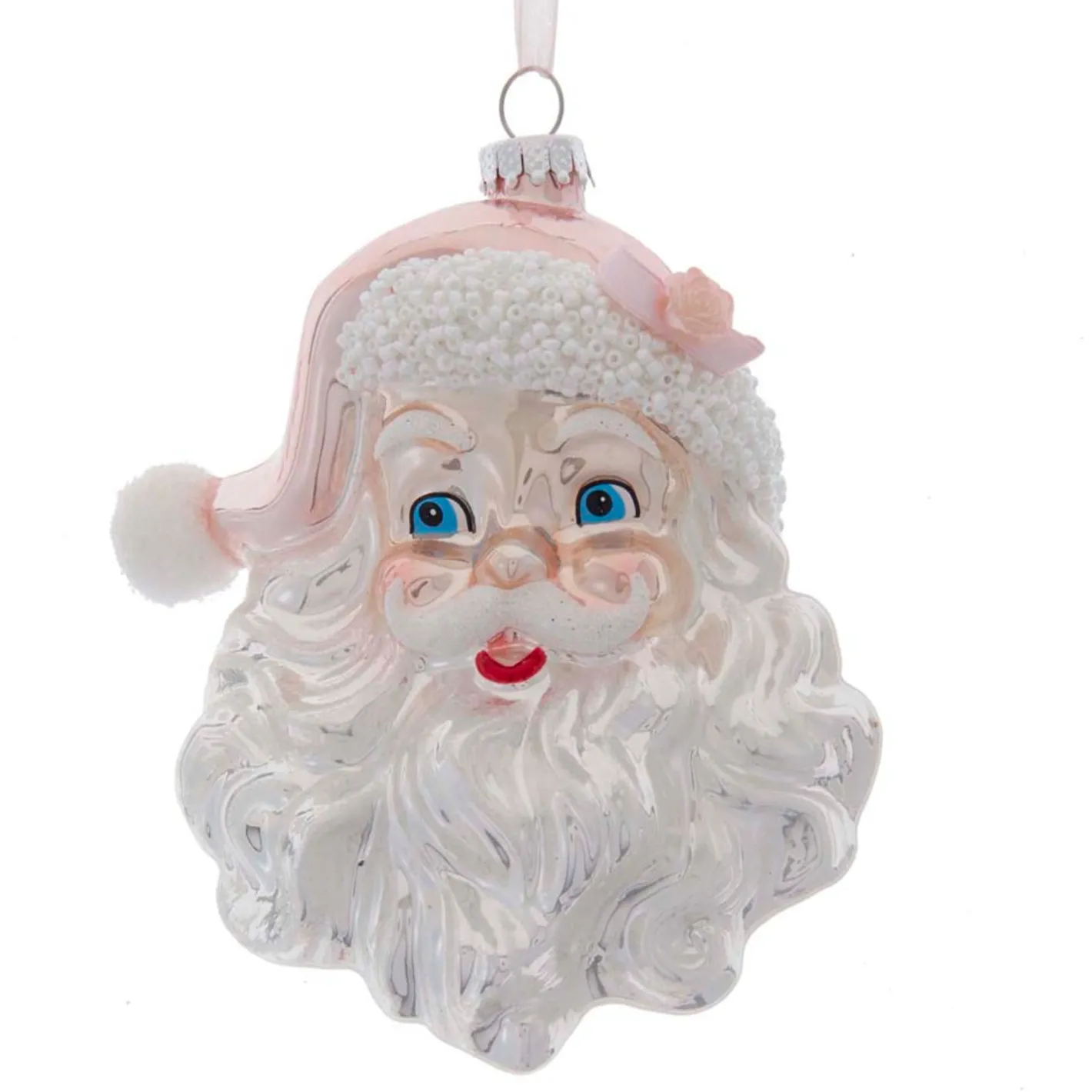 Kurt Adler 6" Pink and Silver Santa Head Glass Christmas Ornament T2802 Outlet