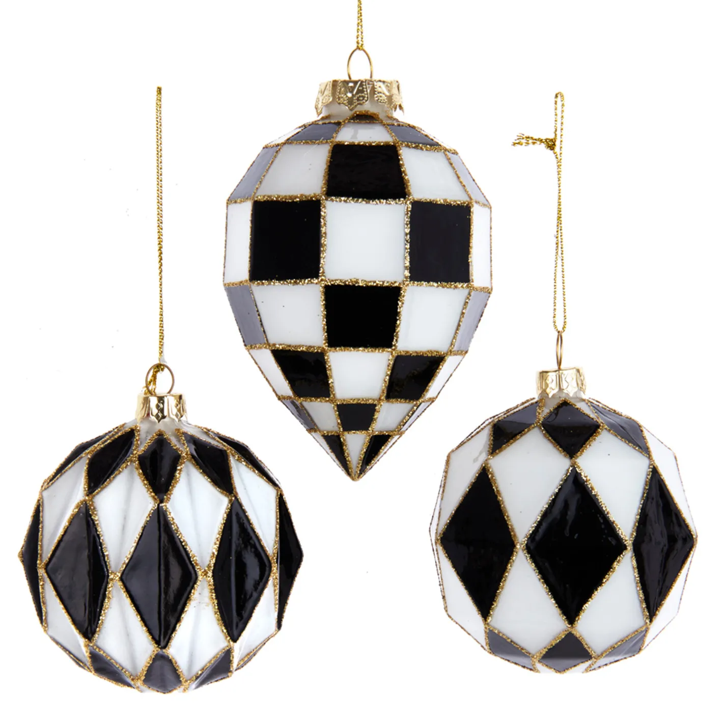 Kurt Adler Black and White Harlequin Ball and Finial Glass Christmas Ornament T3145 Online