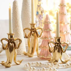 Raz Imports Raz 9" Gold Bow Christmas Taper Candlestick Holders Set of 3 4512201 Best