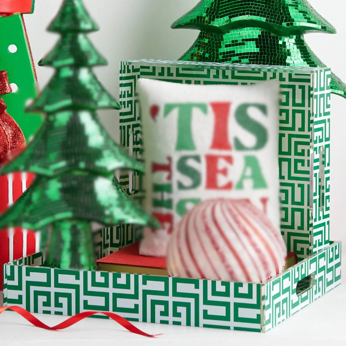 Raz Imports Raz 14" Green Greek Keys Christmas Tray Decoration 4536650 Clearance