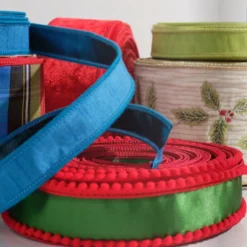 Raz Imports Raz 1.5" Green Satin with Red Pom Pom Edge Wired Ribbon R4571854 Best