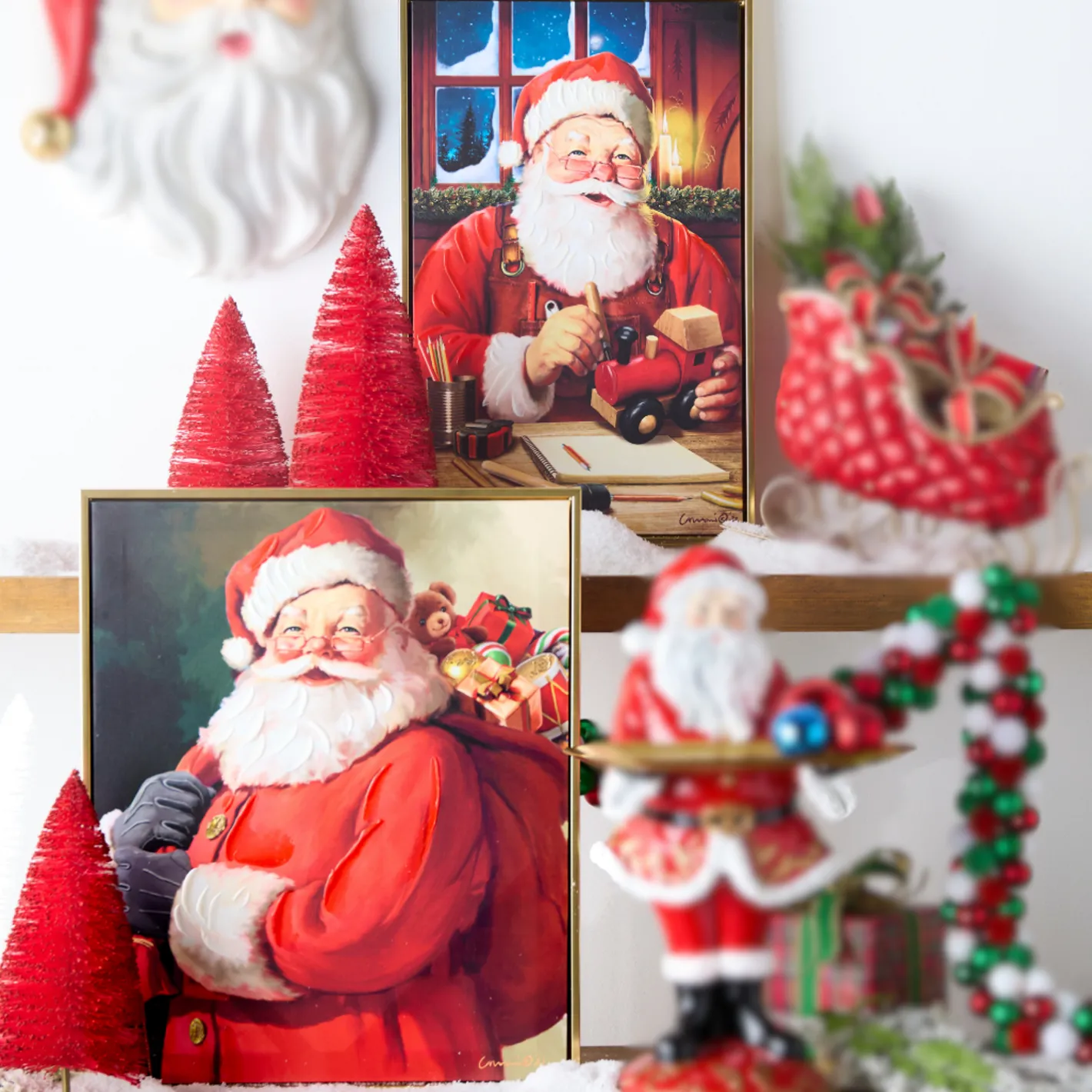 Raz Imports Raz 21.5" Jolly Delivery or Toy Making Santa Framed Picture Hot