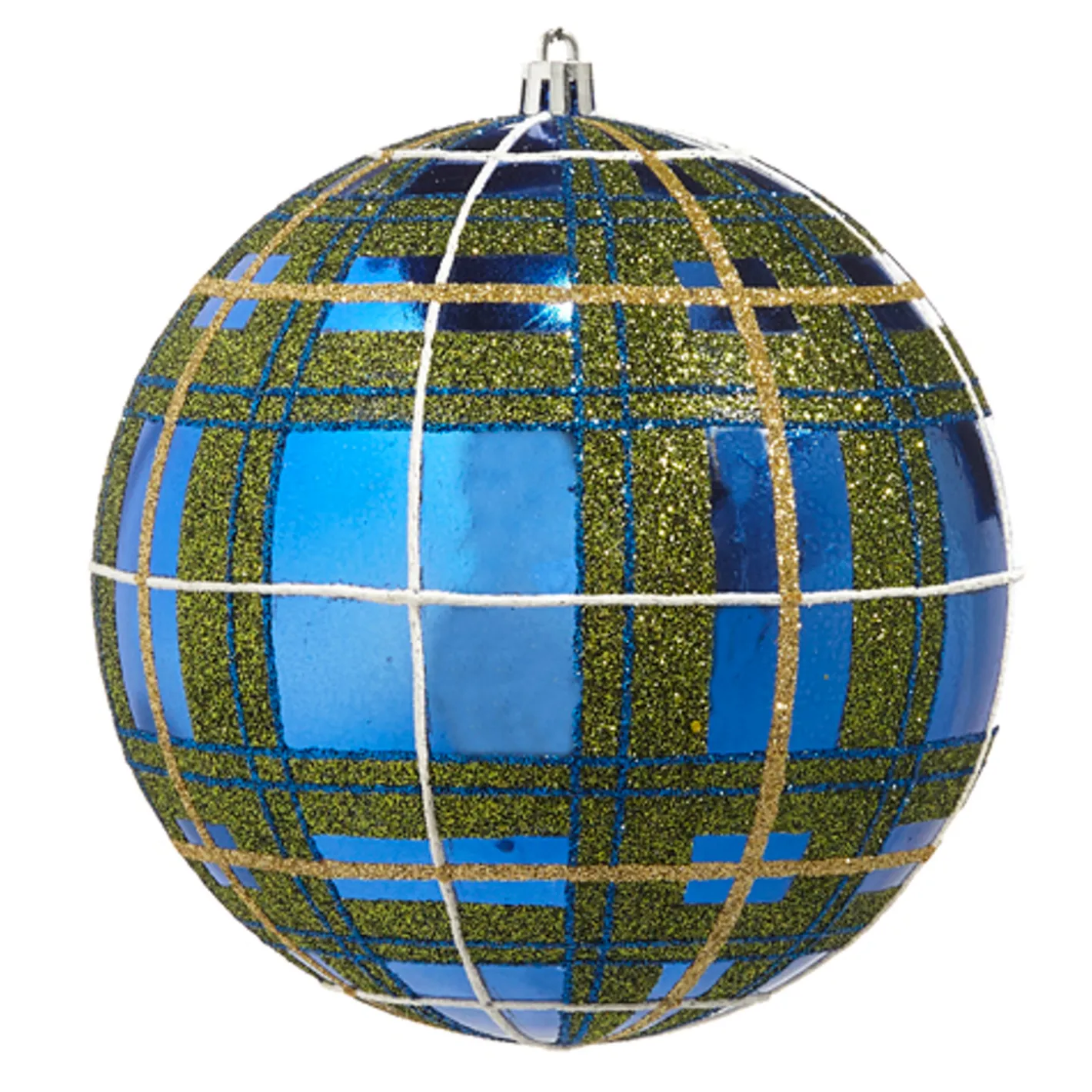 Raz Imports Raz 6" Large Blue and Green Plaid Glitter Ball Christmas Ornament 4432727 New