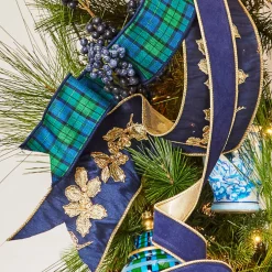 Raz Imports Raz 4" Navy Blue and Gold Holly Wired Christmas Ribbon R4427720 Sale