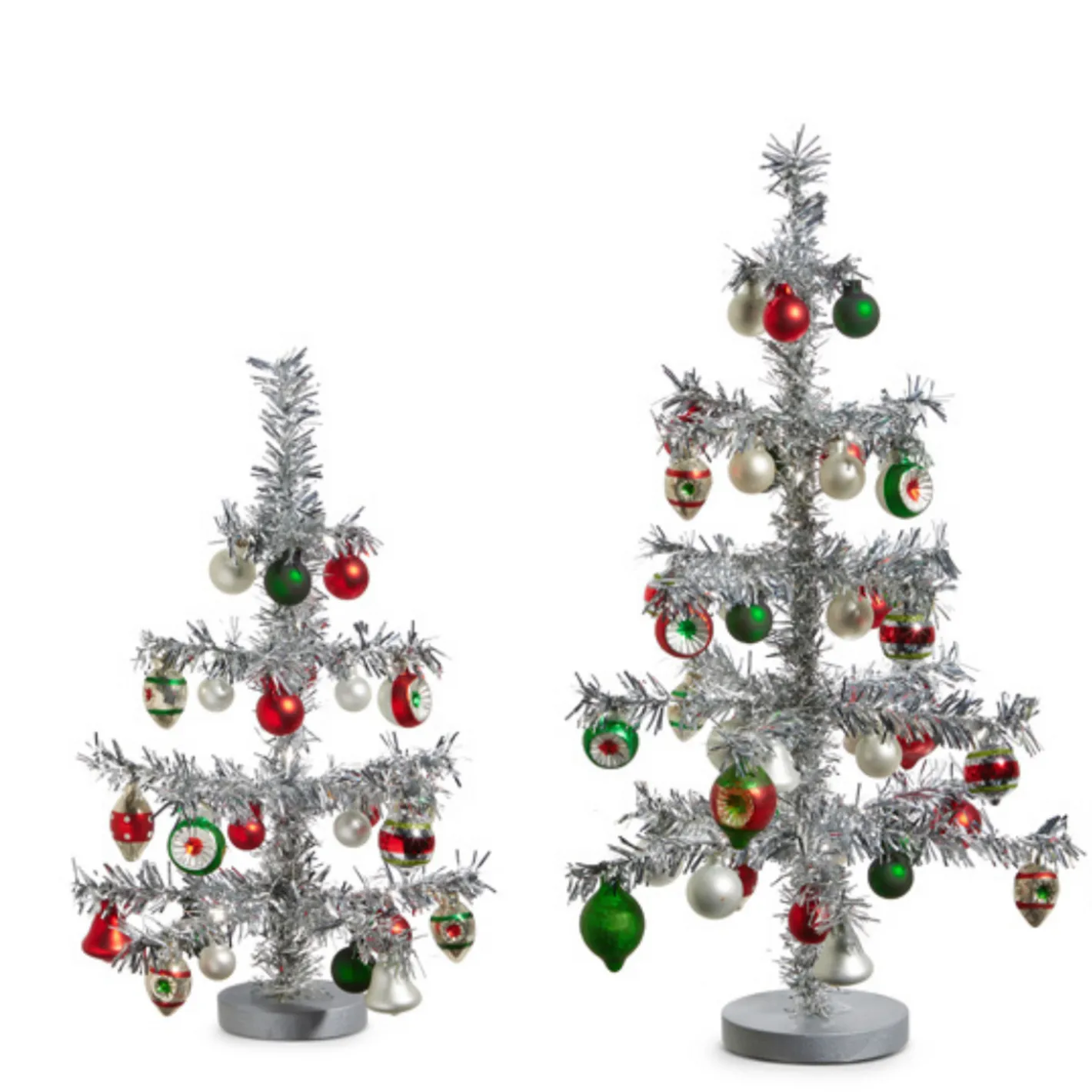 Raz Imports Raz 14" or 19.5" Silver Vintage Tinsel Christmas Tree with Ornaments Figure Sale