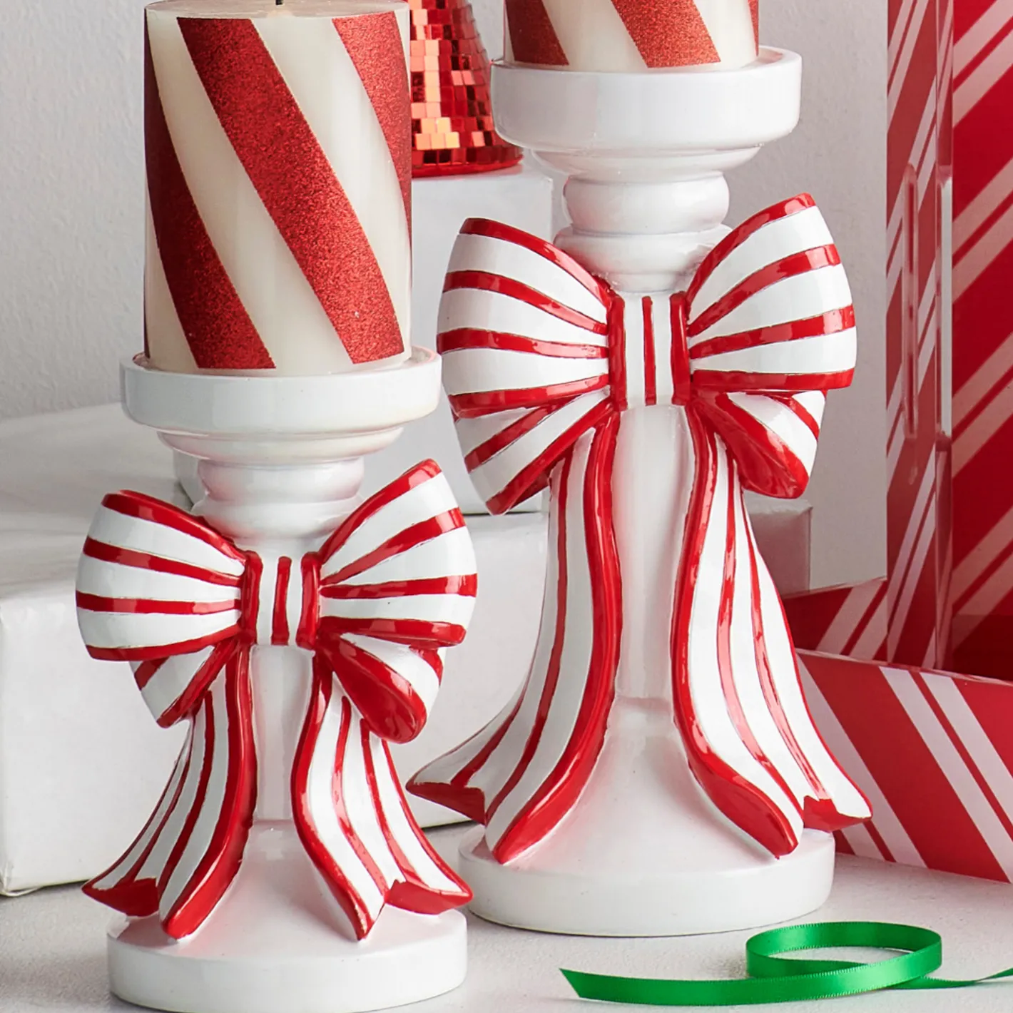 Raz Imports Raz 10" Red & White Striped Bow Christmas Pillar or Taper Candle Holder 4512233 Online