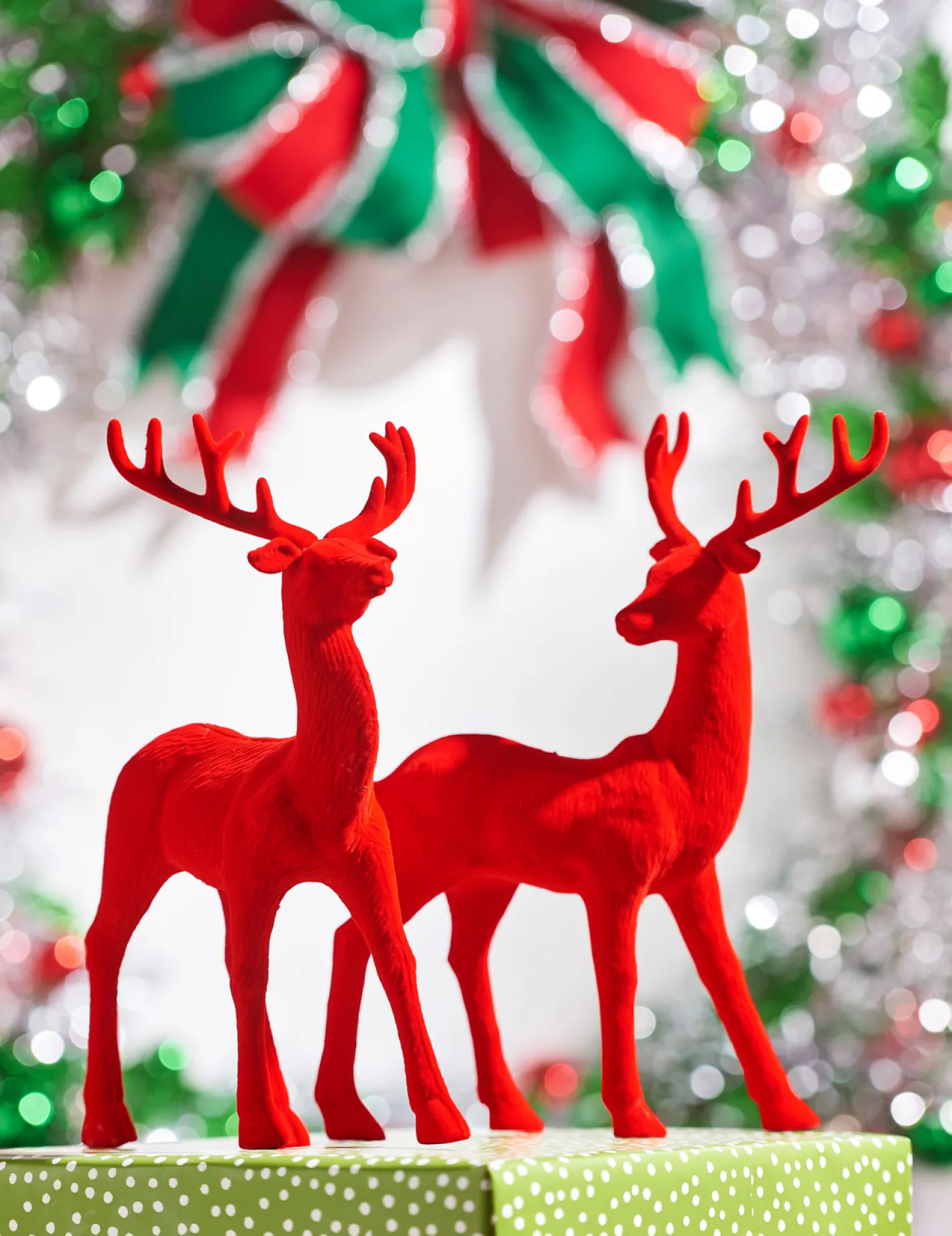 Raz Imports Raz 13" Red Flocked Deer Figure Set of 2 4432754 Sale