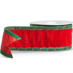 Raz Imports Raz 4" Red Velvet with Holly Trim Wired Christmas Ribbon R4471765 New