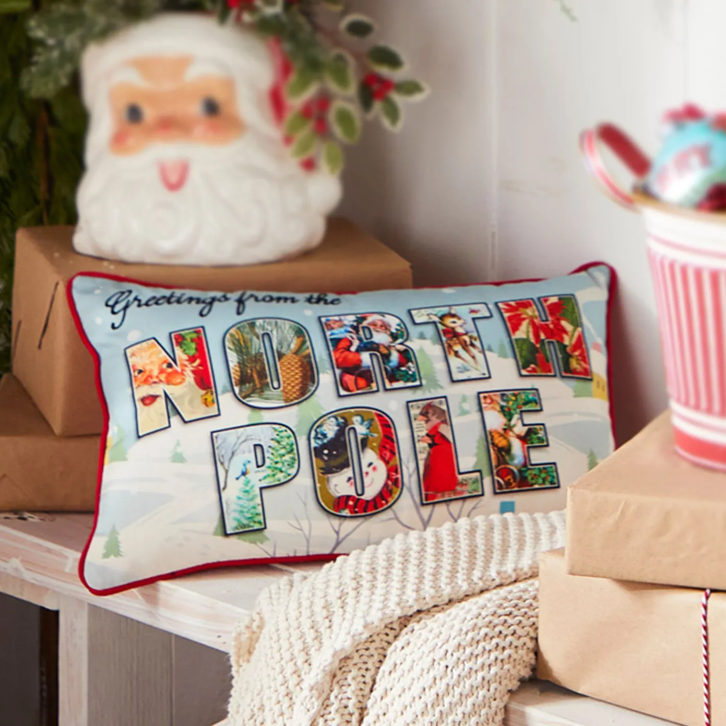 Raz Imports Raz 18" Vintage Postcard Lumbar Christmas Pillow 4321332