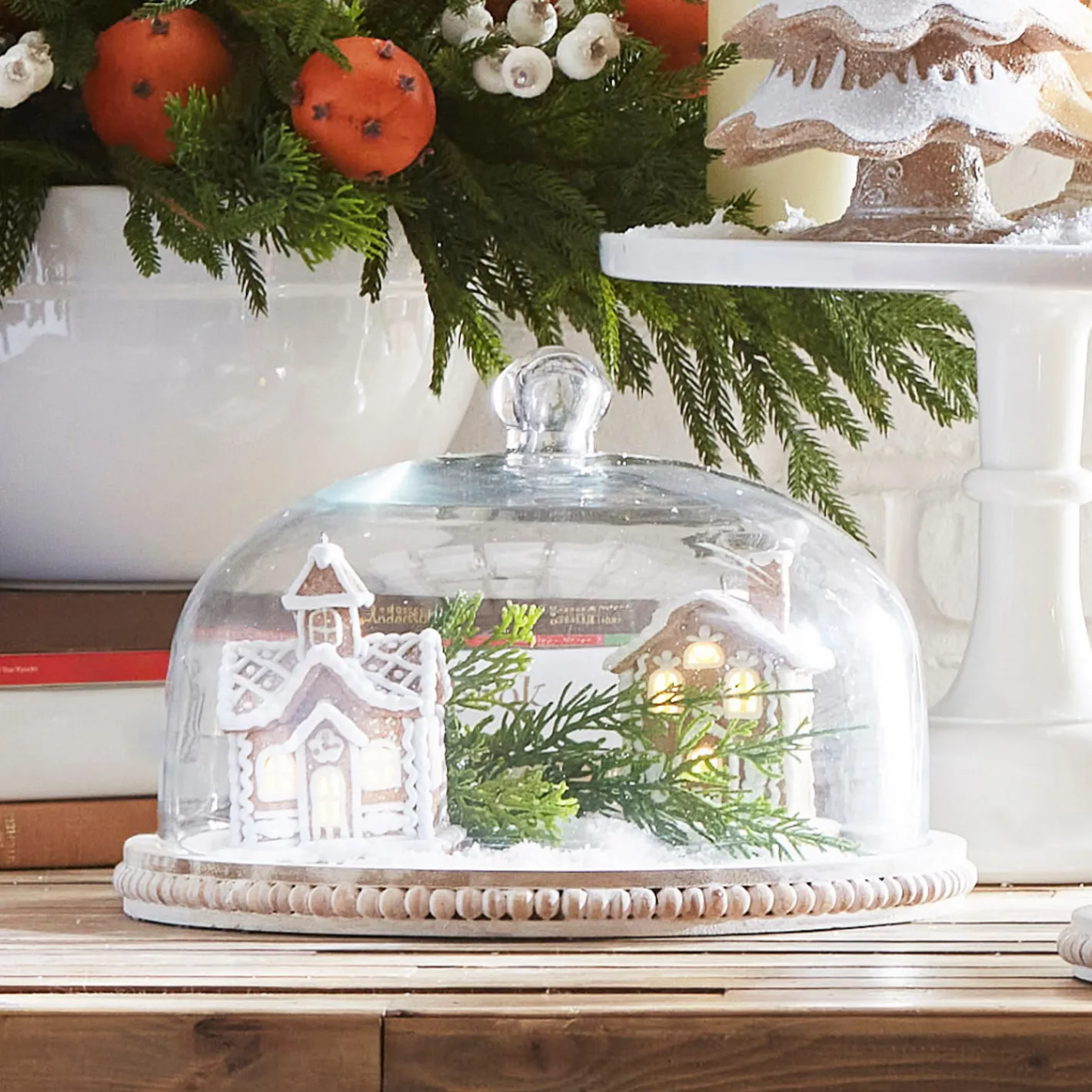 Raz Imports Raz 11.75" Whitewash Beaded Wooden Tray with Cloche 4424402 Sale