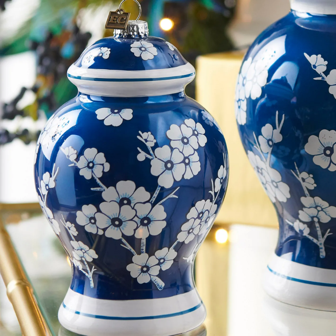 Raz Imports Raz Eric Cortina 8" Large Blue Ginger Jar Glass Christmas 4453181 Sale