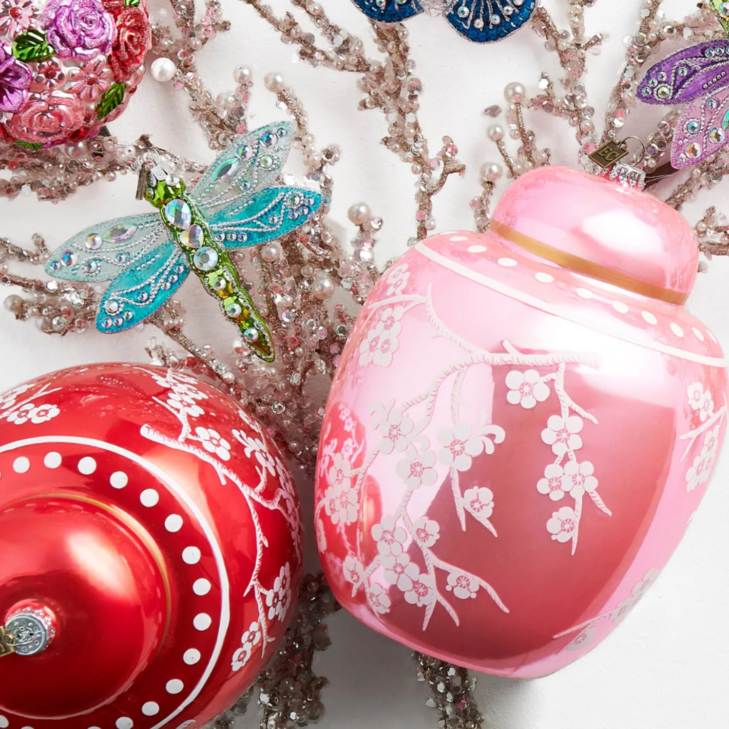 Raz Imports Raz Eric Cortina 8" Pink or Red Floral Ginger Jar Glass Christmas Ornament Sale