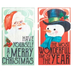 Raz Imports Raz Set of 2 28" Vintage Christmas Snowman and Santa Wood Wall Art Signs 4328035 Outlet