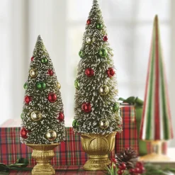 Raz Imports Raz Set of 2 Green Bottle Brush Tree with Ornaments in Gold Urn 4215502