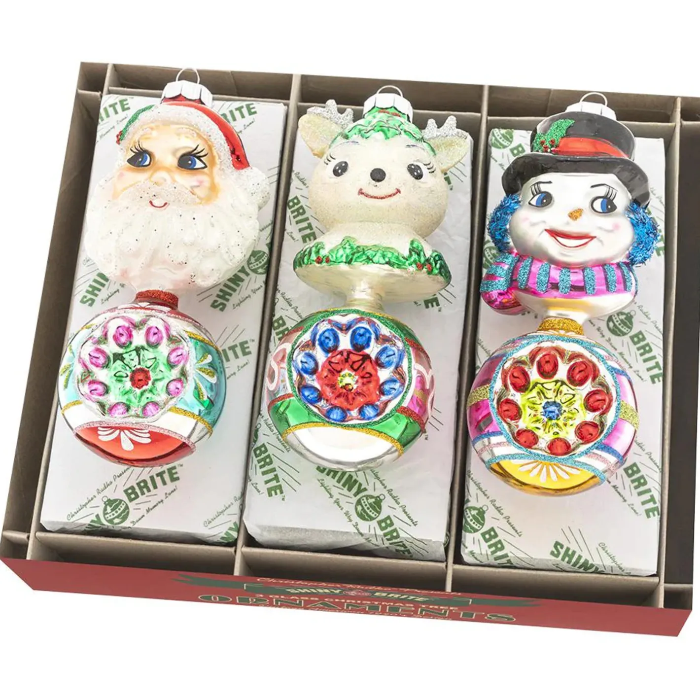 Shiny Brite Confetti 5.5" Santa Snowman and Reindeer Figure Reflector Glass Christmas Ornament Set 4028024 Hot