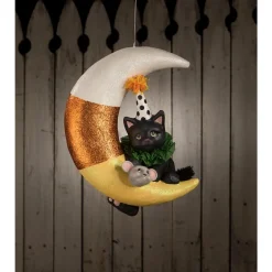Bethany Lowe 15.75" Party Kitty in Candy Corn Moon Hanging Halloween Decoration TD1193 Outlet