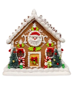 Kurt Adler 9" Battery Operated Gingerbread House With Santa & Ribbon Candy Roof Christmas Decoration GBJ0059 Hot
