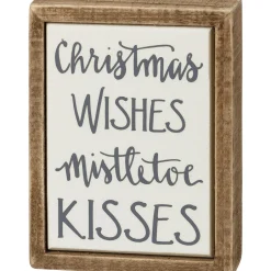 Primitives By Kathy 4" Christmas Wishes Mistletoe Kisses Box Sign 109407