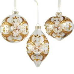 Raz Imports Raz 5.5" Gold and White Floral Embellished Glass Christmas Ornament 4523002 Sale