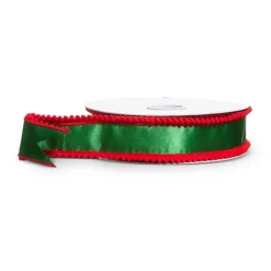 Raz Imports Raz 1.5" Green Satin with Red Pom Pom Edge Wired Ribbon R4571854 Best