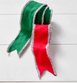 Raz Imports Raz 2.5" Red or Green Felt with Silver Tinsel Trim Wired Christmas Ribbon Outlet