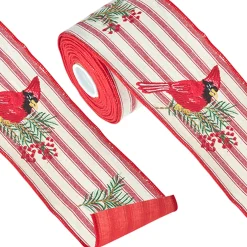 Raz Imports Raz 4" Ticking Stripe Cardinal Embroidered Wired Christmas Ribbon R4227725 Discount