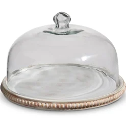 Raz Imports Raz 11.75" Whitewash Beaded Wooden Tray with Cloche 4424402 Sale