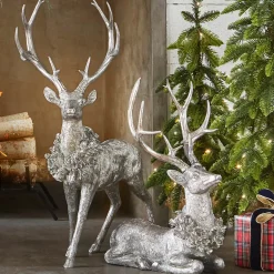 Raz Imports Raz Large Sitting or Standing Silver Deer with Wreath Christmas Figure Outlet