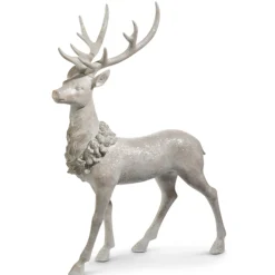 Raz Imports Raz Large White Iced Sitting or Standing Deer with Holly Wreath Figure Christmas Decoration New