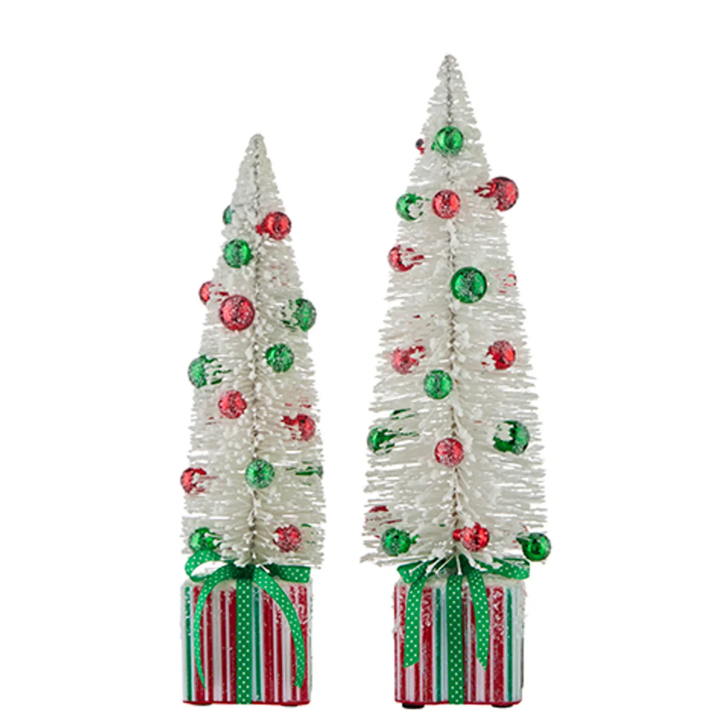 Raz Imports Raz Set of 2 18" Bottle Brush Tree with Ornaments on Present Pedestal Christmas Figures 4215545