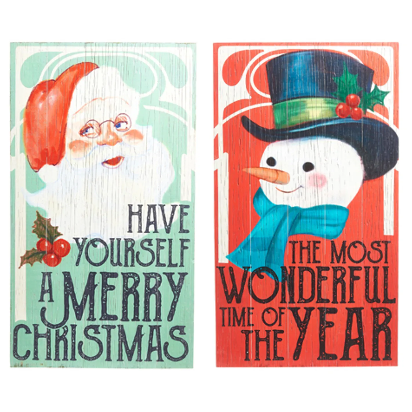 Raz Imports Raz Set of 2 28" Vintage Christmas Snowman and Santa Wood Wall Art Signs 4328035 Outlet