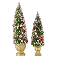 Raz Imports Raz Set of 2 Green Bottle Brush Tree with Ornaments in Gold Urn 4215502