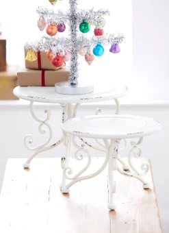 Raz Imports Raz Set of 2 White Distressed Metal Risers Stands 4228915